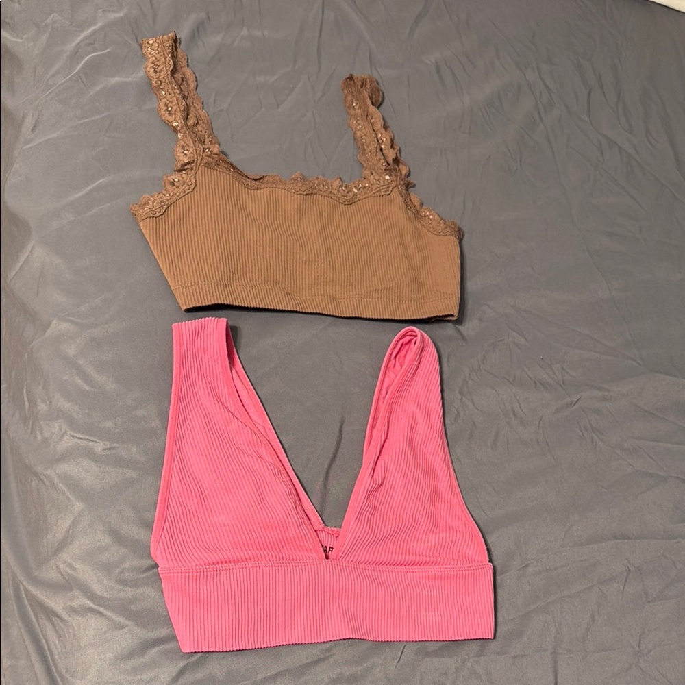 GARAGE Pink and Brown Lace Trim Bralettes.